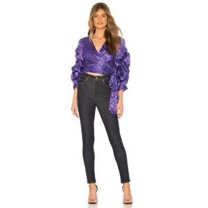 Alice and olivia purple wrap blouse with puffy sleeves
